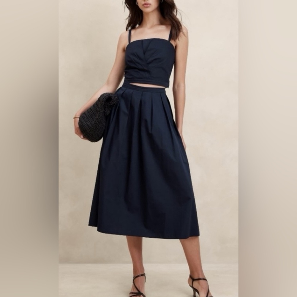 Banana Republic Poplin Navy Cotton Midi Skirt Set SZ 10 Top NWT Skirt EUC